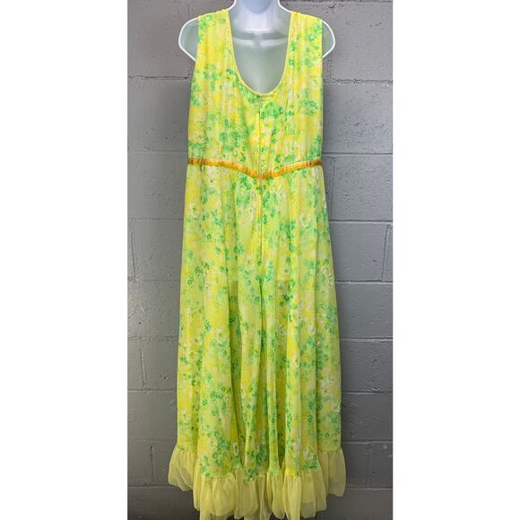 Vtg 70s Floral Chiffon Ruffled Sleeveless Gown Prom Maxi Dress XL - Picture 7 of 10